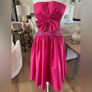 Vintage 1980s /90s Mike Benet Taffeta Prom Dress Hot Pink Sequins and Bow